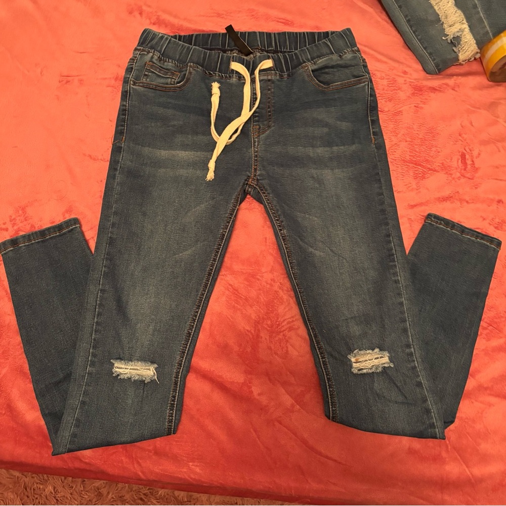Women’s Blue Distressed Drawstring Jeans